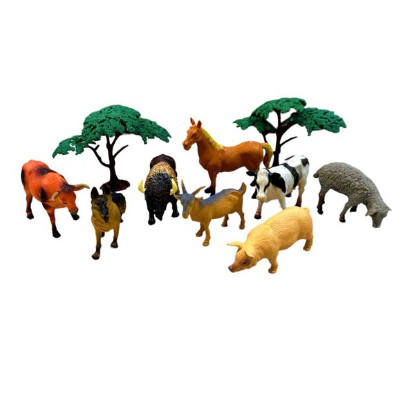 Plastic Down on the Farm Animals - Hard Plastic - Lot of 8 + 2 Trees - Picture 2 of 7
